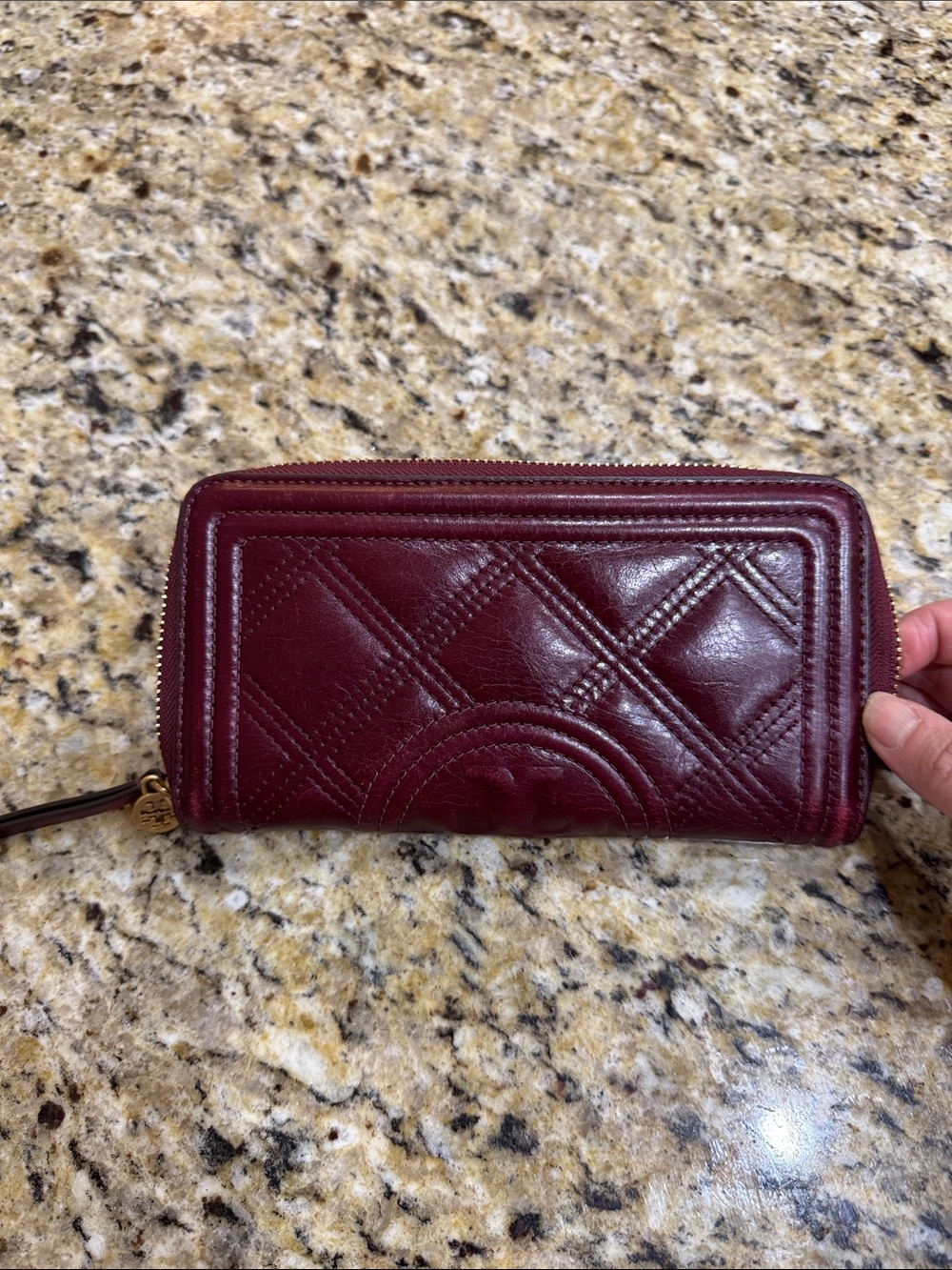 Tory Burch Quilted Burgundy Leather Zip Wallet